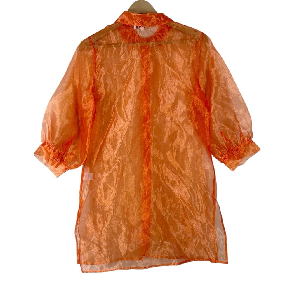 Love J Button Down Organza Top Womens S Orange Sheer Puff Sleeve Retro Festival - Picture 3 of 6